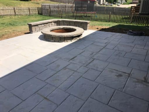 Stamped & Colored Concrete Patio, Fire Pit & Sitting Wall
